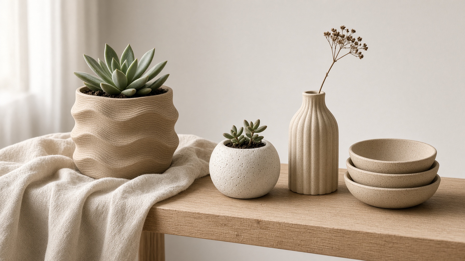 A bench with a ripple planter, pebble planter, bud vase, and nested bowls