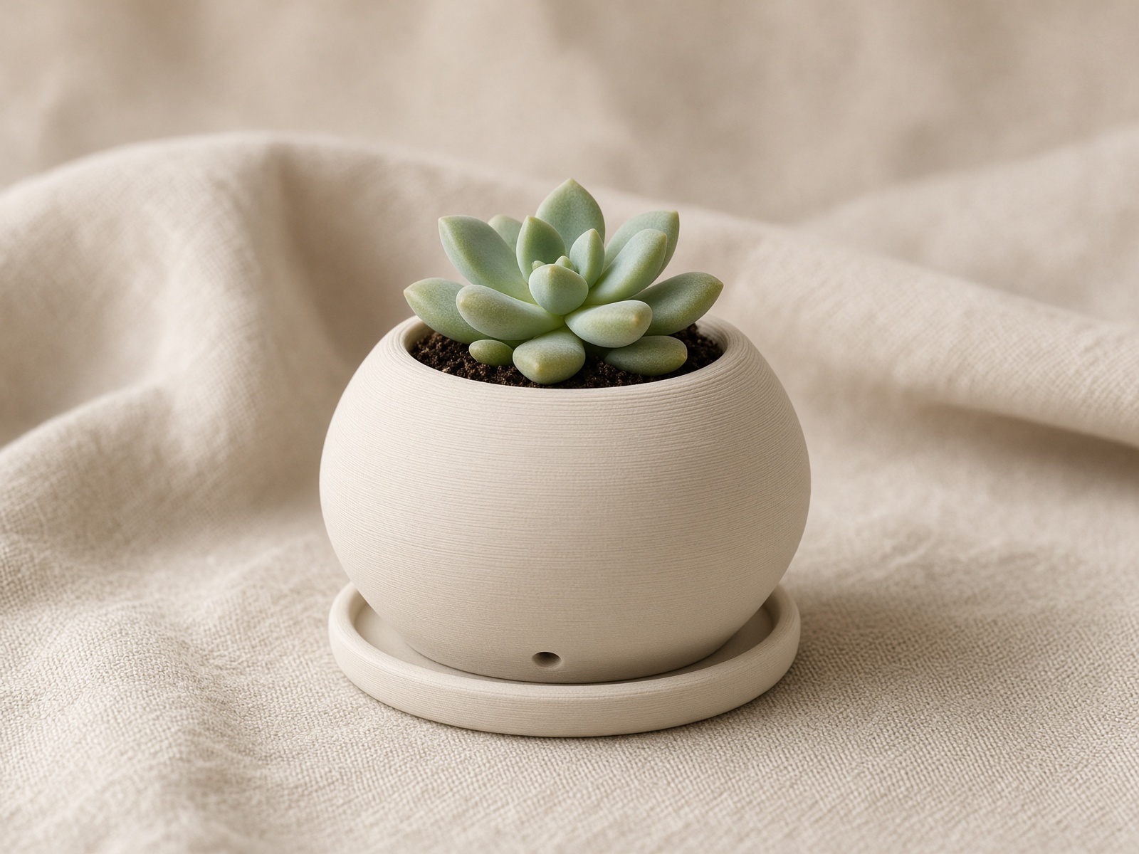 Round bone 3D-printed planter with a tiny succulent on a linen cloth