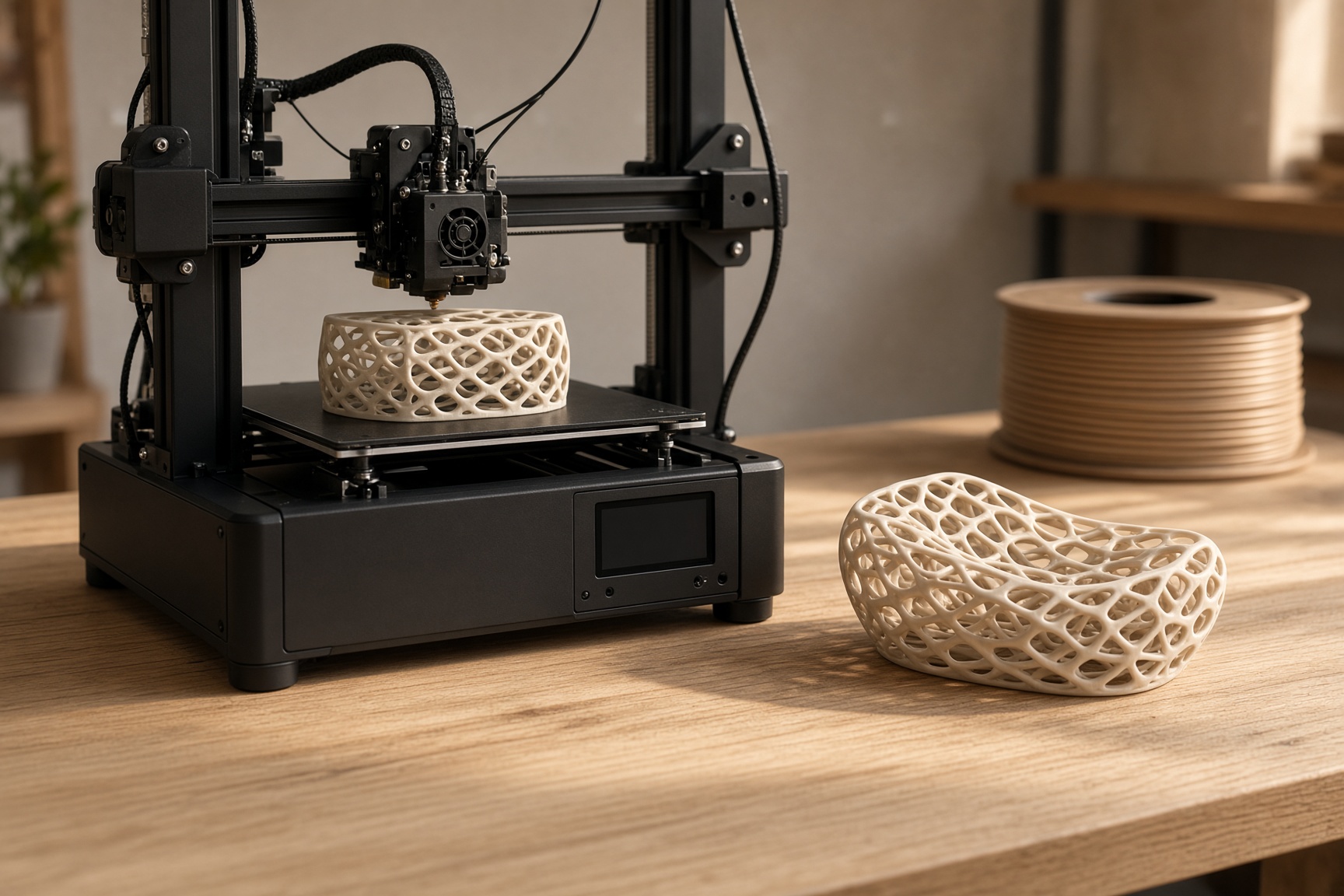 A desktop 3D printer mid-print beside a finished lattice object